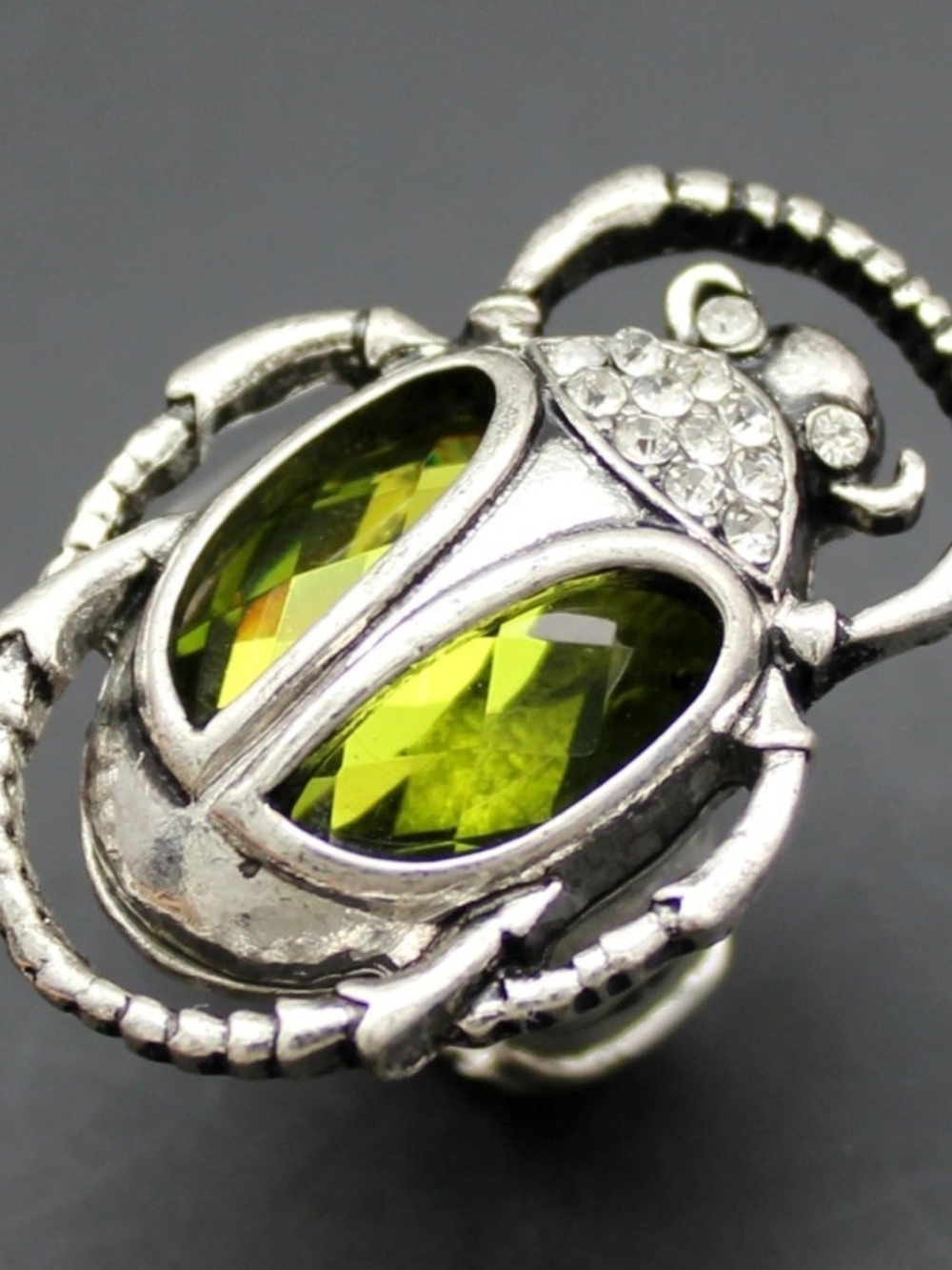 Silver Scarab Ring with Olive Green Gemstones